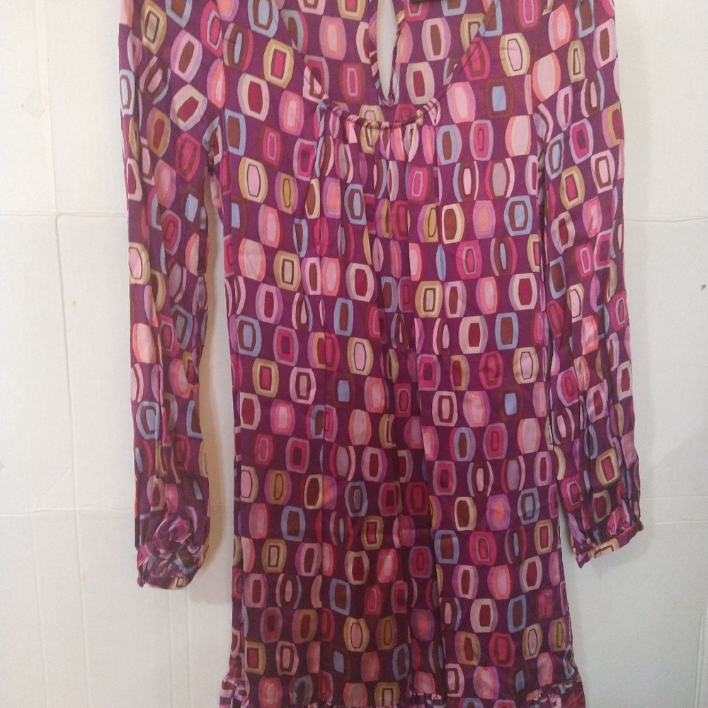 100 Silk Fun Colorful Geometric Print Ruffle Pullover Dress